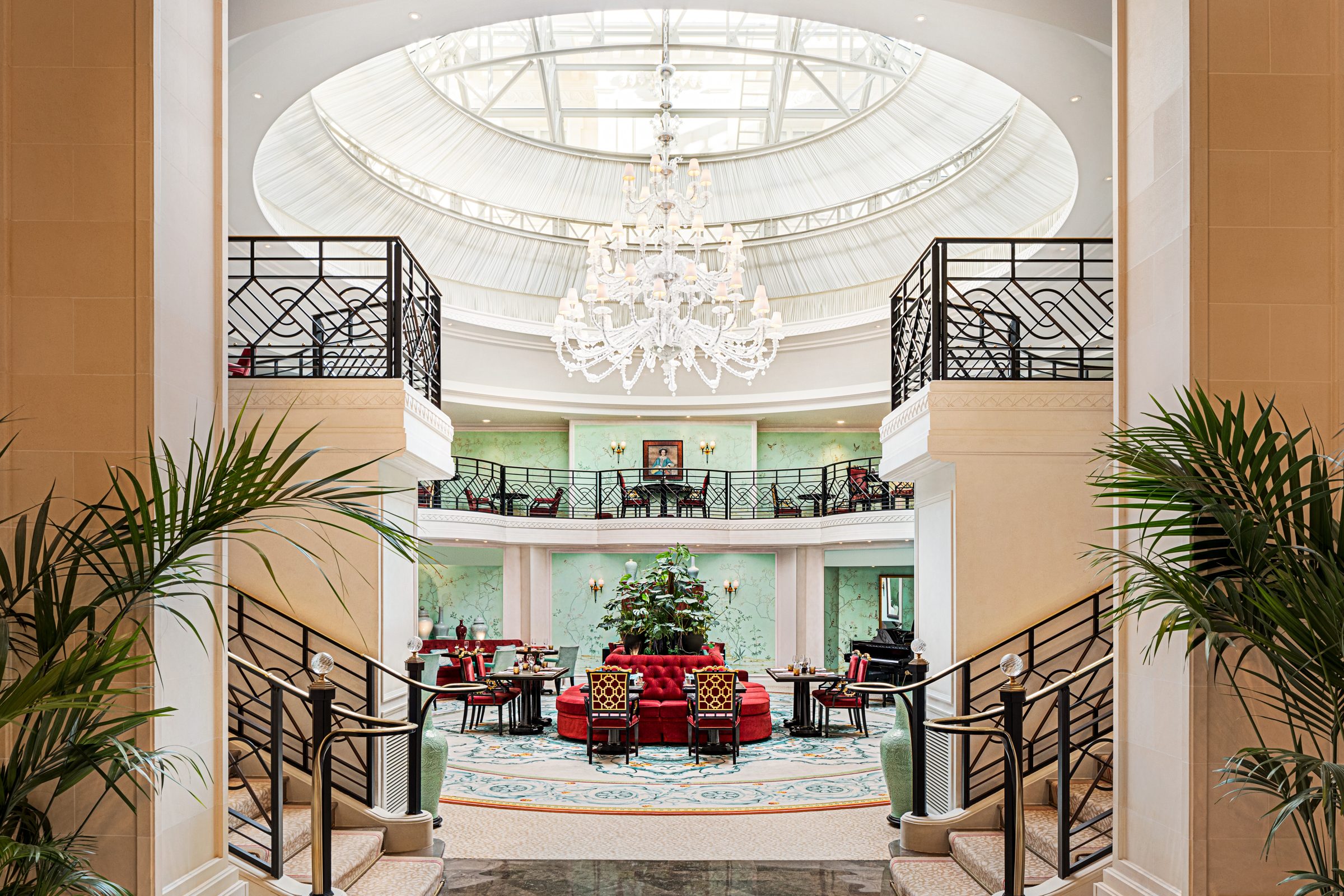 Hotel atrium with chandelier